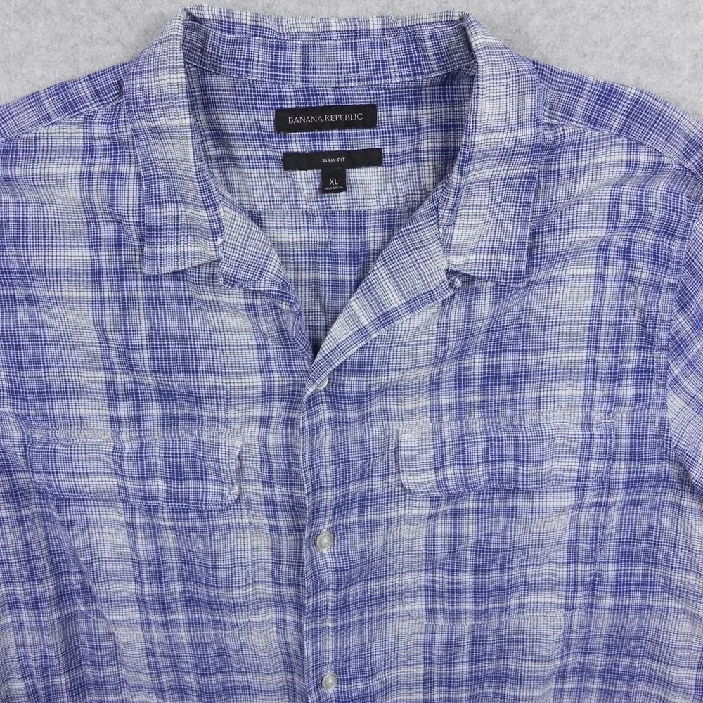 Banana Republic Shirt Mens XL Slim Fit Utility Button Up Blue Plaid Short Sleeve